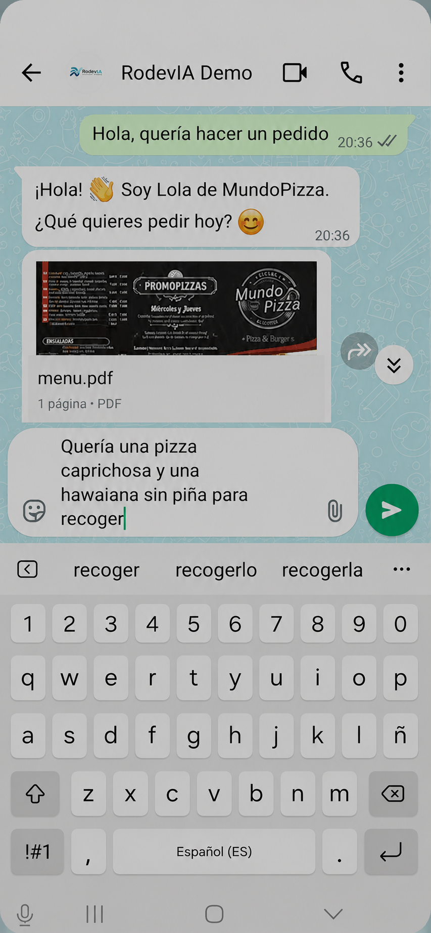Conversación de ejemplo: un cliente hace un pedido por WhatsApp atendido por la IA de RODEVIA