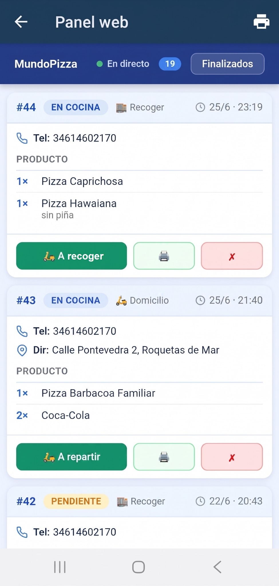 Panel de RODEVIA con los pedidos de delivery recibidos por WhatsApp en tiempo real