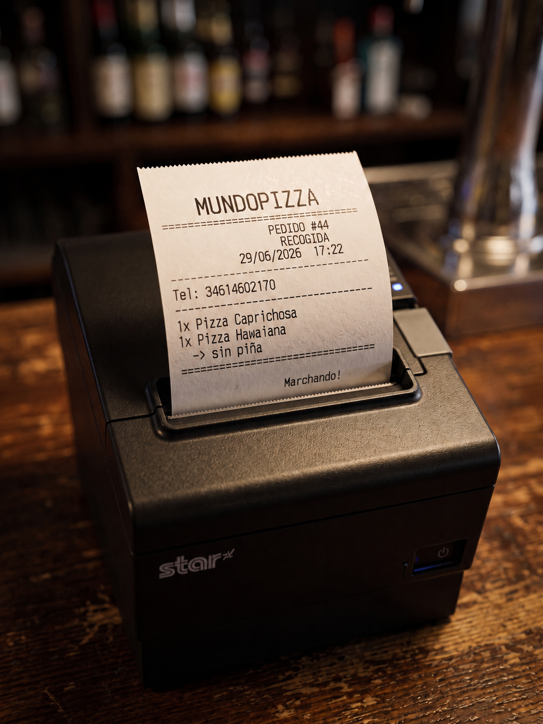 Ticket de un pedido impreso automáticamente en cocina